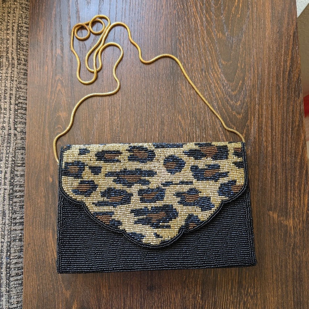 Vtg Carolyne Barton Night Black Leopard Print Beaded Evening Bag Purse Clutch